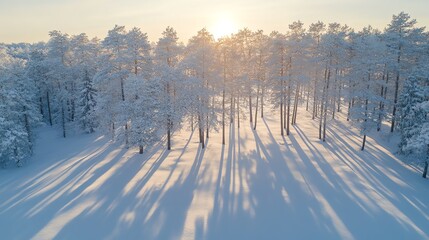 A serene winter landscape with snow-covered trees casting long shadows across a pristine white expanse.