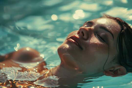 A serene portrait of a person floating peacefully in clear blue water, eyes closed, basking in gentle sunlight.