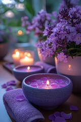 A spa setting with scented candles, rolled towels, and a bowl of flower petals, isolated on a pastel lavender background,