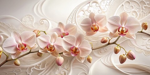 Delicate, lace-like orchids in blush, arranged in a whimsical dance across a pure white surface, their intricate details and curves mingling with abstract, wavy patterns.