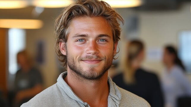 A smiling young man with blond hair and a casual shirt stands in a brightly lit indoor setting with blurred individuals in the background