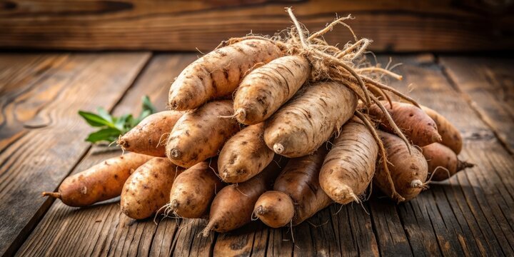 Photo image of a bundle of small, sweet and nutritious yacon roots with their rough, brown skin and white fibrous centers displayed on a rustic wooden table.