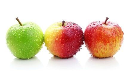 Three fresh apples with water droplets, showcasing vibrant colors and freshness.
