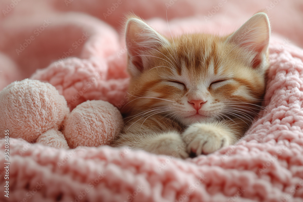 Poster a kitten cuddled up in a wool blanket with a soft toy beside it, isolated on a pastel pink backgroun