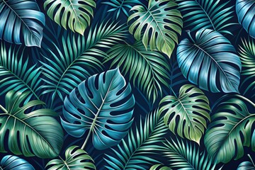 Seamless pattern featuring oversized, exotic tropical leaves, such as monstera and palm, delicately arranged on a dark blue background, with a soft, romantic quality and subtle texture.