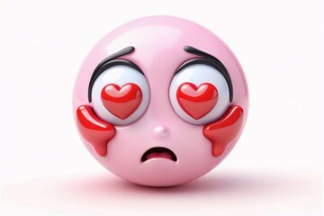 Pink 3D emoticon with hearts for eyes blushing.