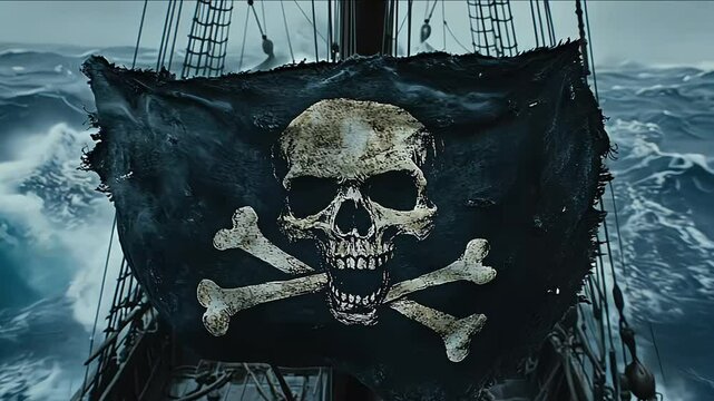 Jolly roger pirate flag waving on a ship
