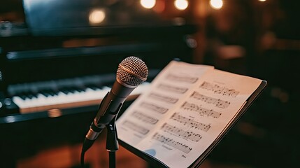 A microphone on a stand with a sheet of music and a piano in the background, emphasizing the integration of vocal performance with musical composition.