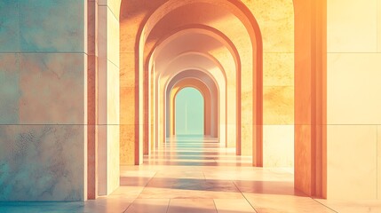 Fototapeta premium A serene corridor with arches bathed in warm sunlight, creating a peaceful and inviting atmosphere for exploration.