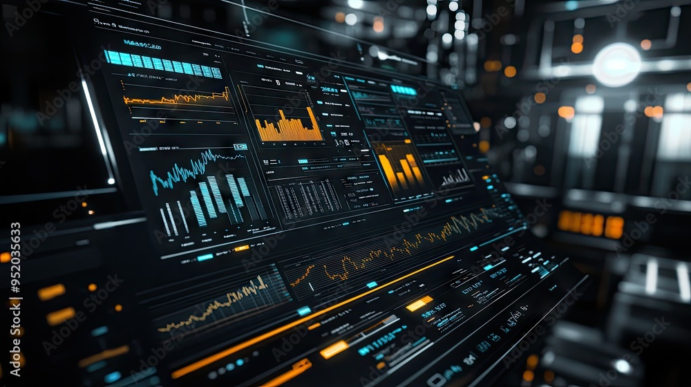 Poster a panoramic view of a 3d financial analysis screen with interactive graphs and charts, highlighting 