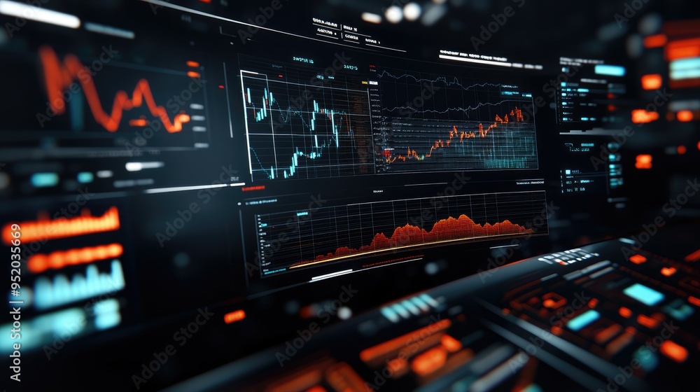Poster a panoramic view of a 3d financial analysis screen with interactive graphs and charts, highlighting 