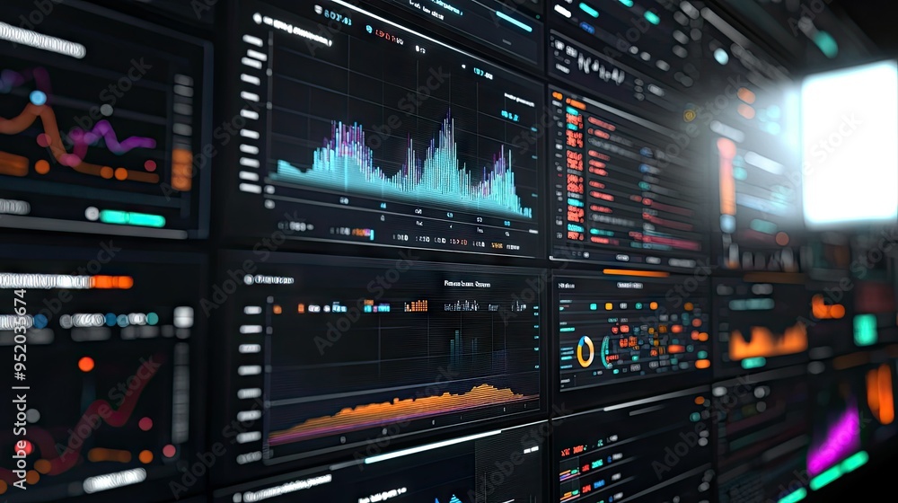 Poster a panoramic view of a 3d financial analysis screen with interactive graphs and charts, highlighting 