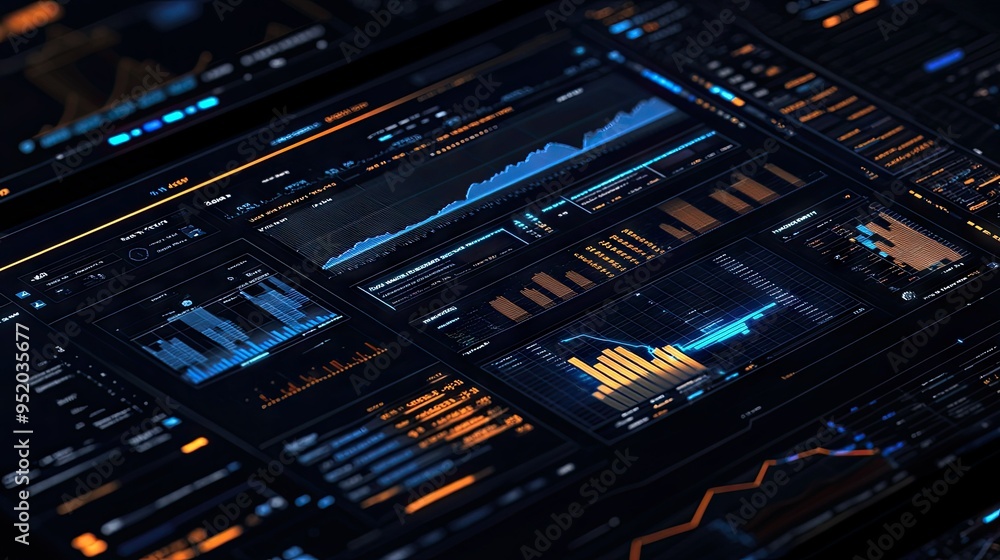 Poster a panoramic view of a 3d financial analysis screen with interactive graphs and charts, highlighting 