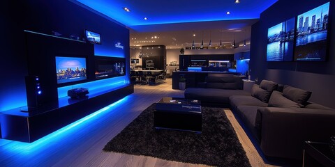 A modern luxury home entertainment room with blue LED lighting, featuring multiple flat screens, sophisticated furniture, and a high-end sound system for an immersive experience