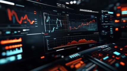 Fototapeta premium A panoramic view of a 3D financial analysis screen with interactive graphs and charts, highlighting detailed data visualization and real-time financial monitoring.