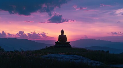 Fototapeta premium A panoramic view of a Buddha silhouette on a hilltop during twilight, with soft, ambient light creating a serene