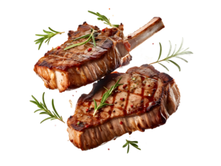 Grill Pork Chops Beef steaks, flying in the air, grilled meat isolated transparent background
