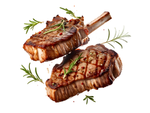 Grill Pork Chops Beef steaks, flying in the air, grilled meat isolated transparent background