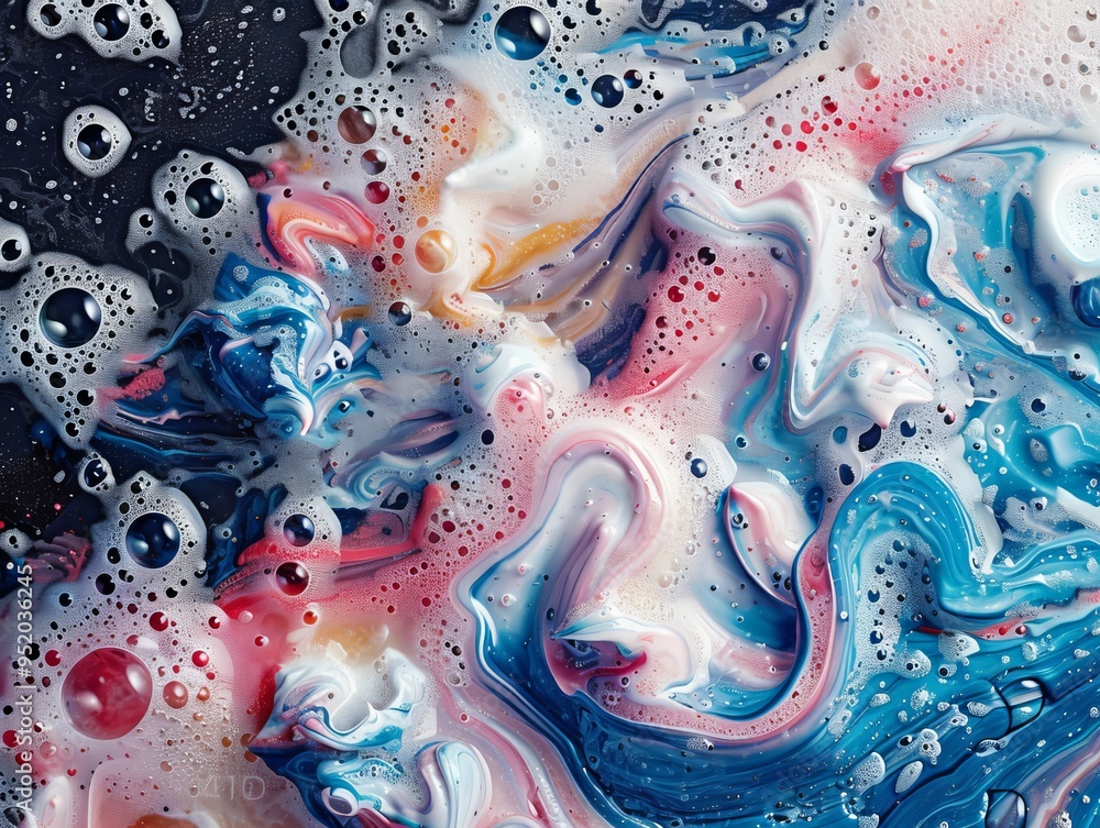 Poster abstract swirls of colorful paint and white foam create a vibrant and dynamic background.