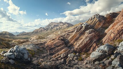 Obraz premium A panoramic view of a rugged mountain range with visible rock strata and geological formations, highlighting the exposed Earth's crust in a natural setting. -