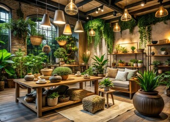 Fototapeta premium upmarket home decor showroom lush greenery natural materials organic textures rustic wooden accents warm inviting soft lighting