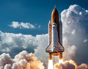 Modern space rocket in beautiful cloudy sky. Ai generated image