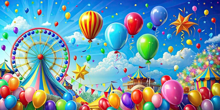 bright colorful festival postcard template highlighting a vibrant carnival scene with balloons and streamers against a clear blue sky with an energetic playful mood