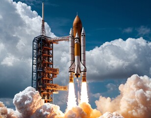 Fototapeta premium Modern space rocket in beautiful cloudy sky. Ai generated image