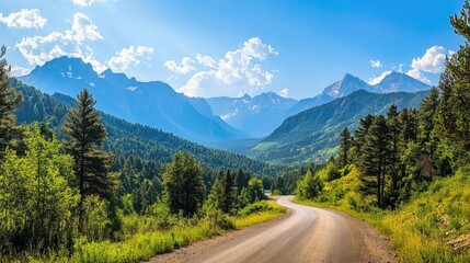 Fototapeta premium A scenic mountain road lined with pine trees and leading through a picturesque valley, with distant peaks and clear skies creating a tranquil and inviting landscape.