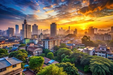 Obraz premium Atmospheric Dawn Urban Cityscape LowRise Buildings Historical Landmark Architecture Urban Renewal Metropolis Urban Jungle Morning Calm