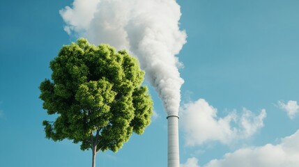 Tree and industrial chimney contrast. Environmental impact visualization. Low carbon transition concept. Design for climate change awareness and sustainable industry campaigns