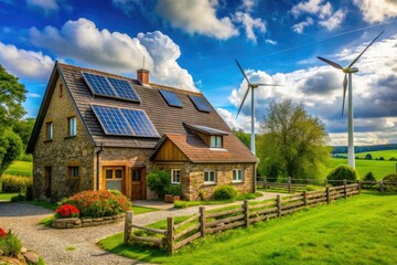 Obraz premium rural serenity traditional farmhouse upgraded with modern solar panels wind turbines blending traditional charm with sustainable living countryside simplicity