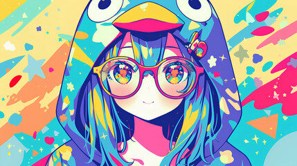 cute penguin character wearing anime onesie costume, anime style, cute kawaii, simple, smiling happy. neon psychedelic background