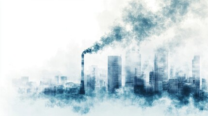 Polluted city skyline with smoke. Urban environmental impact visualization. Low carbon transition concept. Design for climate change awareness and sustainable development initiatives.