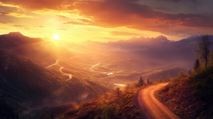 Obraz premium A sunset view of a mountain road with the sun casting a warm glow over the landscape, highlighting the winding path and the surrounding mountain scenery.