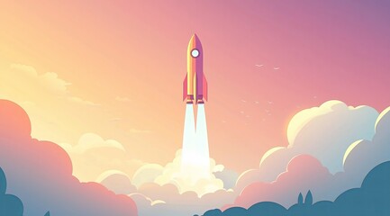 Minimalist Rocket Launch Vector Illustration in Pastel Colors