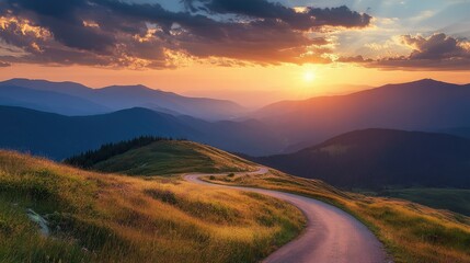 A sunset view of a mountain road with the sun casting a warm glow over the landscape, highlighting the winding path and the surrounding mountain scenery.