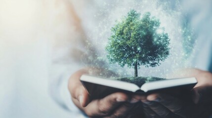 Tree growing from open book. Environmental education concept. Low carbon knowledge visualization. Design for sustainability awareness and eco-literacy campaigns