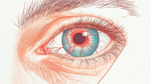 Detailed illustration of a human eye showcasing vibrant colors and fine anatomical features for educational purposes.