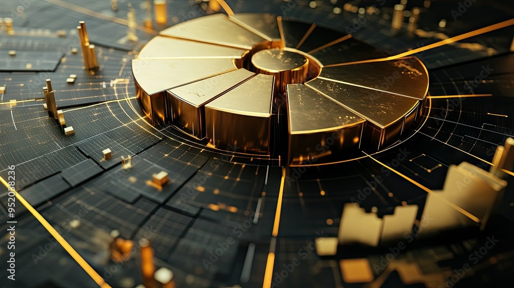 Poster a top-down view of a 3d gold radar chart with multiple golden axes, illustrating financial metrics a