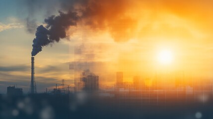 Polluting factory and city skyline at sunset. Environmental impact visualization. Low carbon transition concept. Design for climate change awareness and sustainable development initiatives