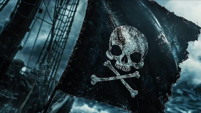 Jolly roger pirate flag waving on a ship