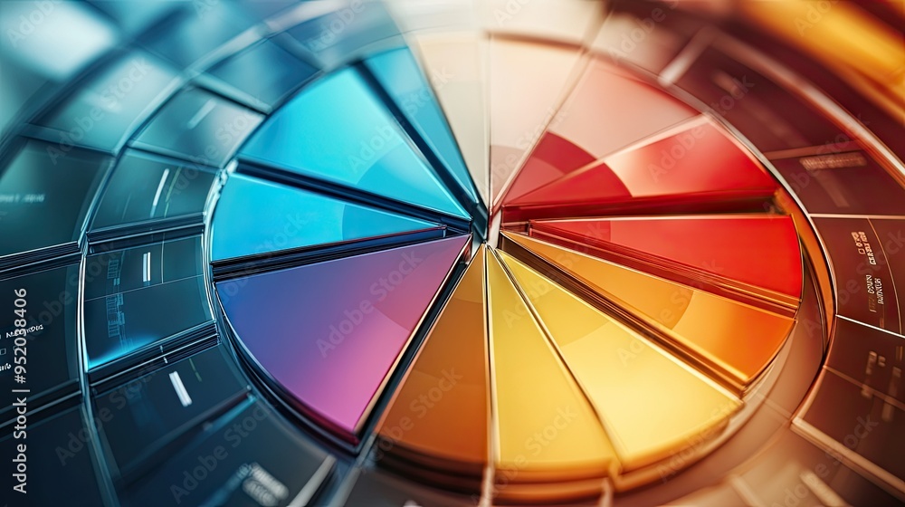 Poster a top-down view of a 3d pie chart representing different financial sectors, with shiny, metallic seg