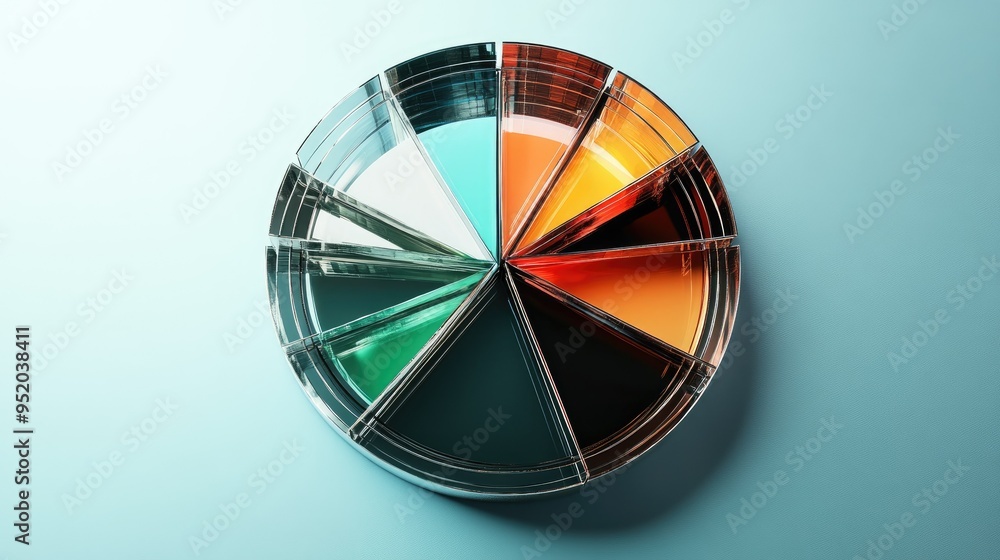 Poster a top-down view of a 3d pie chart representing different financial sectors, with shiny, metallic seg