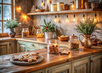 Fototapeta premium rustic country kitchen frosted gingerbread cookies vintage ceramic jars distressed wooden countertops worn copper accents warm golden lighting cozy atmosphere
