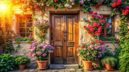 Fototapeta premium airy morning sunlit rustic wooden front door with blooming flowers clip art in soft warm pastel hues conveying cozy welcoming atmosphere