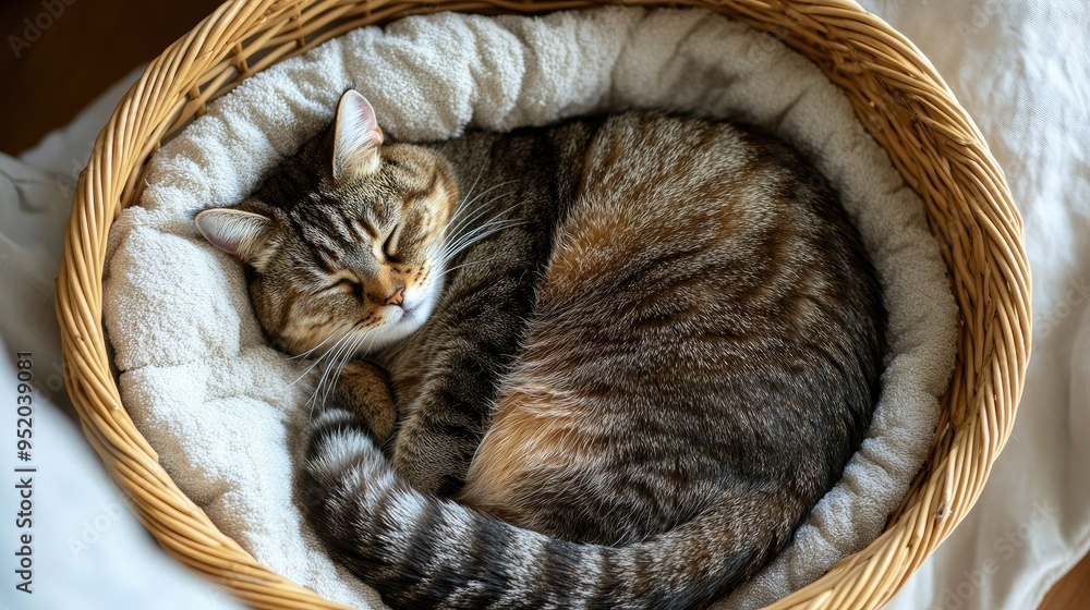 Poster a top-down view of a chubby cat curled up in a basket with soft bedding, showing its round body and 