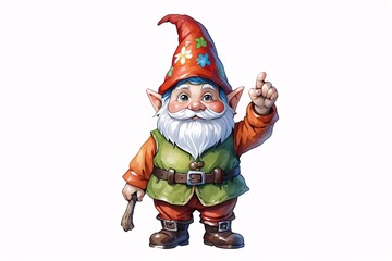 Friendly garden gnome with a pointed hat and stick pointing upwards.