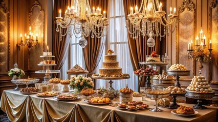 elegant luxury dessert table frosted gingerbread cookies ornate golden cake stands sparkling crystal chandeliers rich velvet drapes opulent formal atmosphere