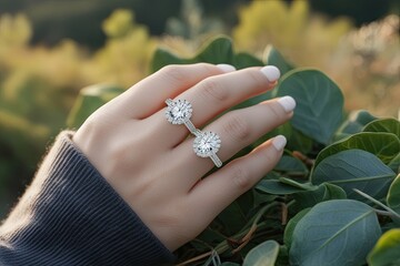 Stylish Jewelry Ring Mockup on Woman's Finger Outdoors with Nature Backdrop